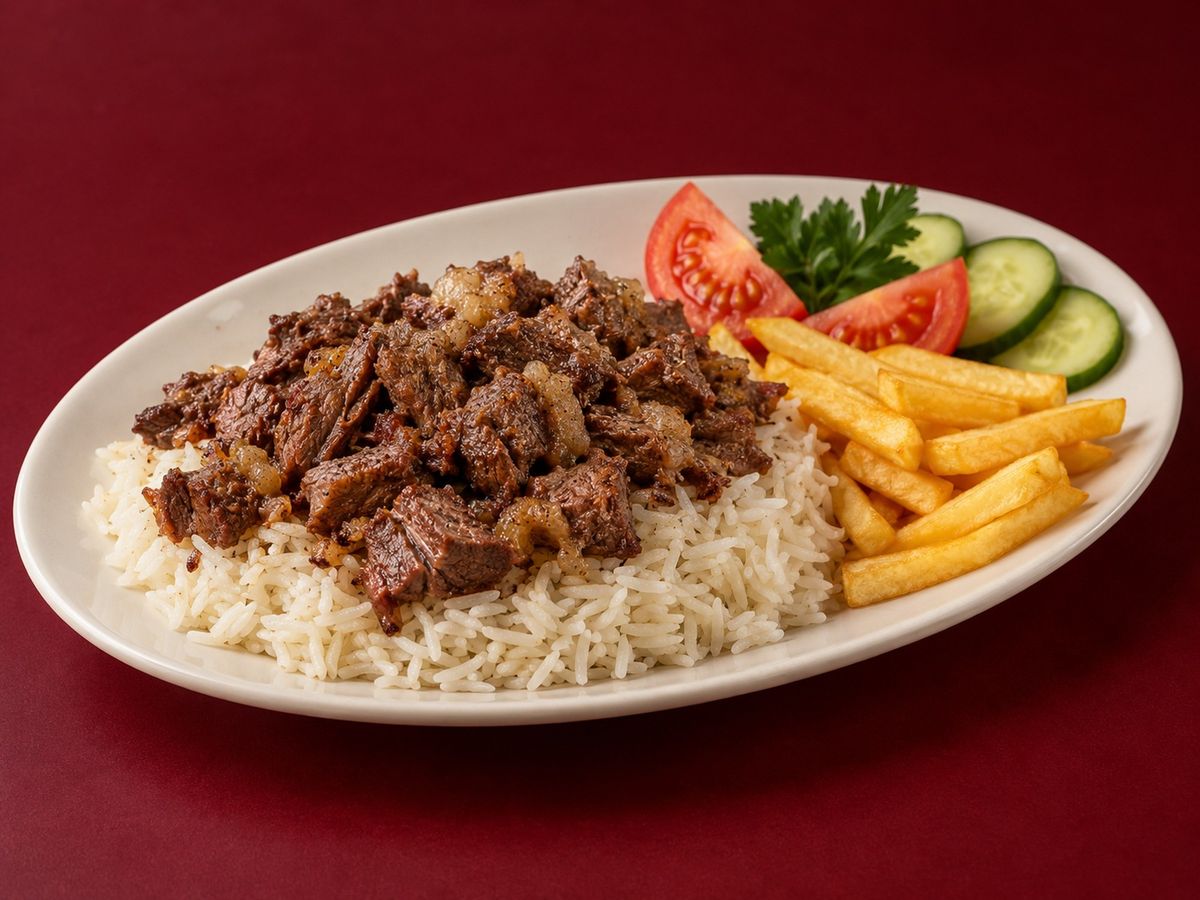 Kavurma over rice with fries