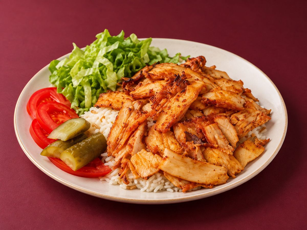 Chicken doner over rice with tomato and pickles